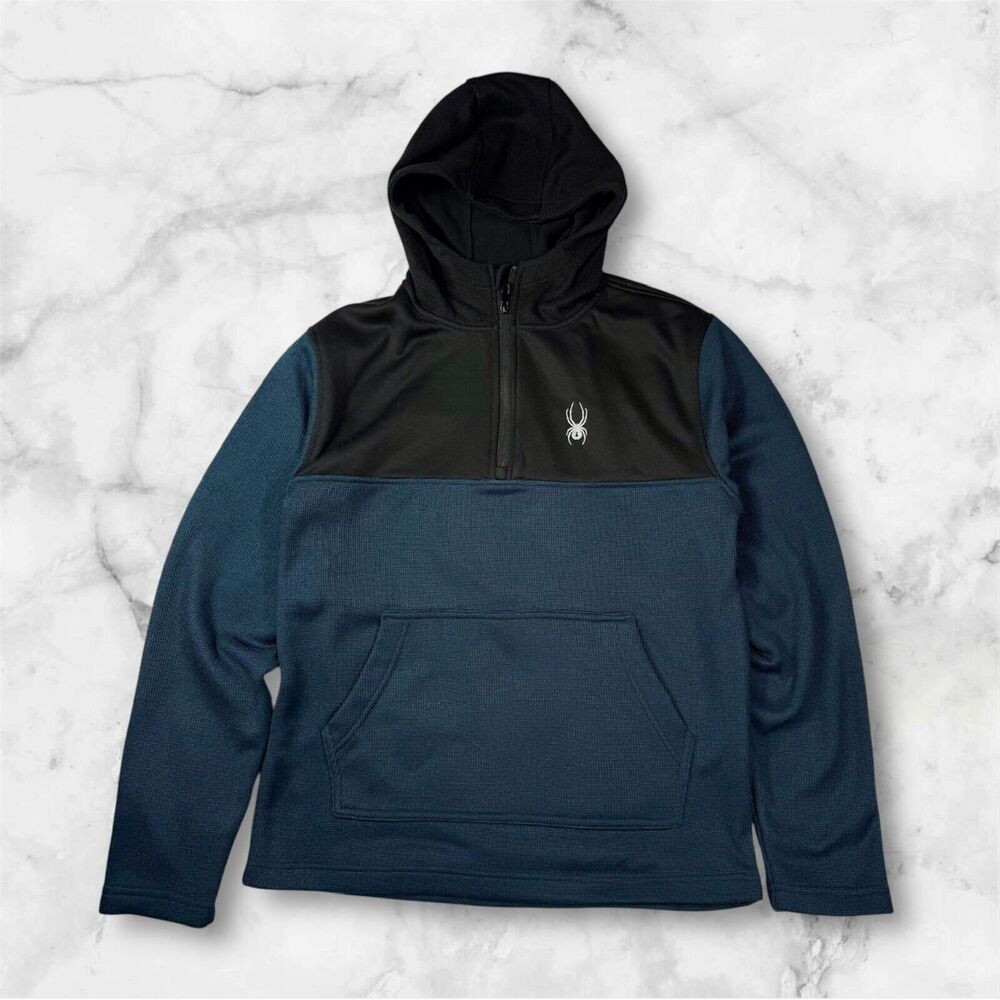 Spyder Mens Large Ray Half-Zip Pullover Hoodie Black Blue Embroidered